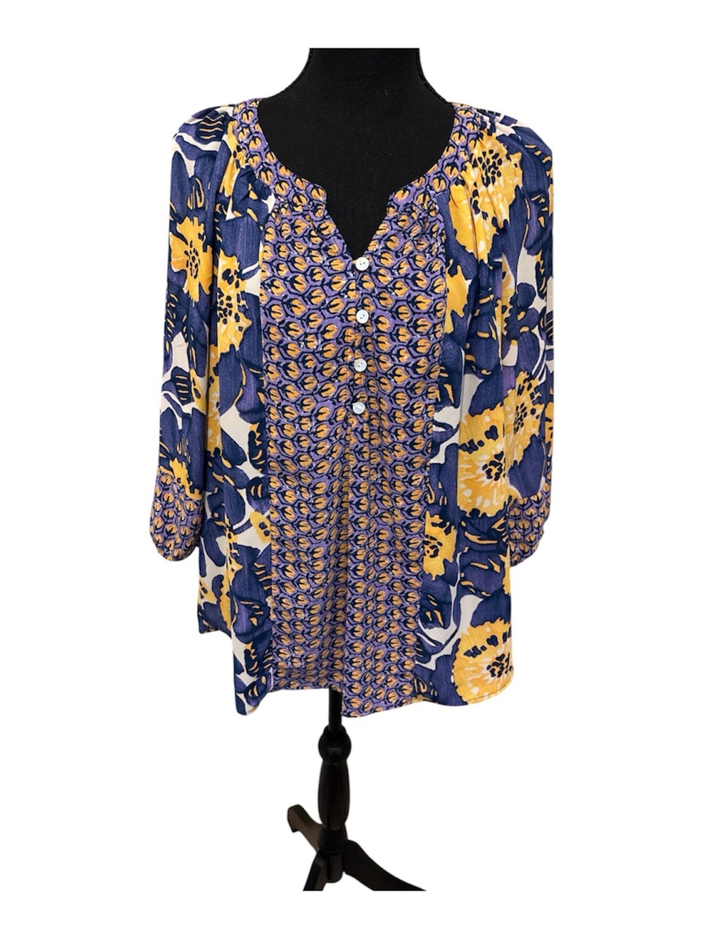 Fig and Flowers Mixed Floral & Geo Button-Front Tunic in Navy and Yellow